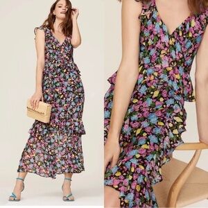 Amur Evita 100% Silk Gorgeous Floral Tiered Midi Dress